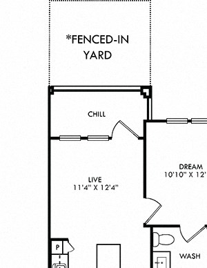 The Palm with Fenced-in Yard The Palm with Fenced-in Yard. 1 bedroom apartment. Kitchen with island open to living room. 1 full bathroom. Walk-in closet. Patio/balcony open to yard.